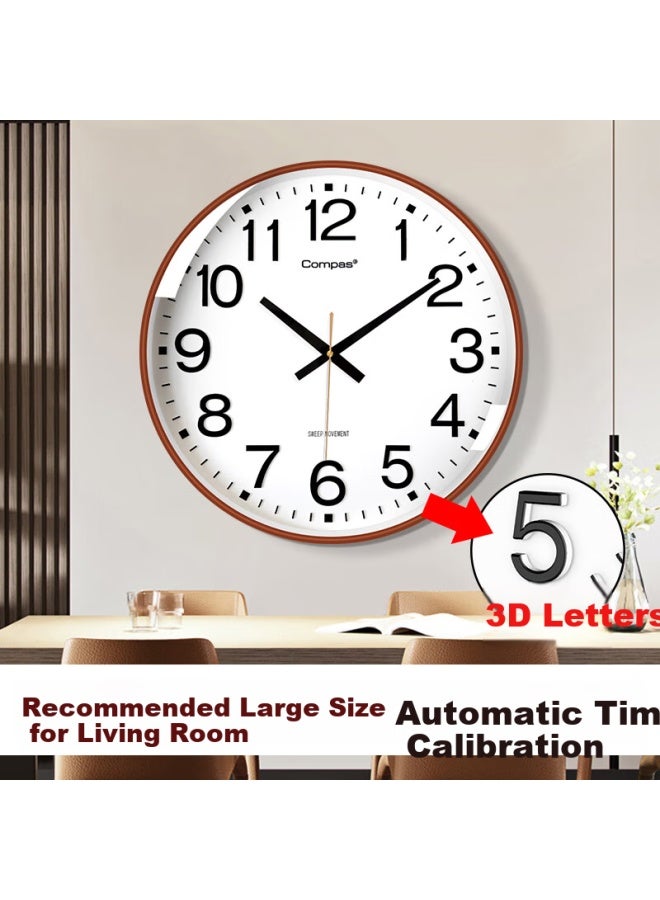 Compas Wall Clock, Living Room Timepiece, Classroom Exam Automatic Time Synchronization Radio-controlled Clock, C6439, Coffee Wood Color, 41cm - Image 1