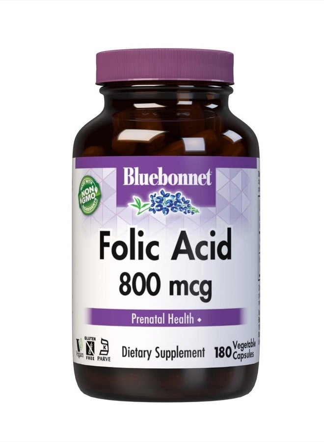 BlueBonnet Nutrition Folic Acid 800mcg, Healthy Neurological Development, Soy, Dairy & Gluten Free, Non-GMO, Kosher Certified, Vegan, Vegetable Capsules, 180 Count - Image 1