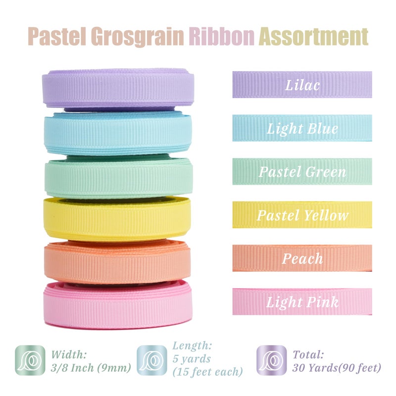 DINDOSAL 6 Rolls Pastel Rainbow Ribbon 3/8" Thin Grosgrain Ribbon Assortment Pastel Colored Craft Ribbon Birthday Party Decoration Gift Wrapping 30 Yards - Image 2