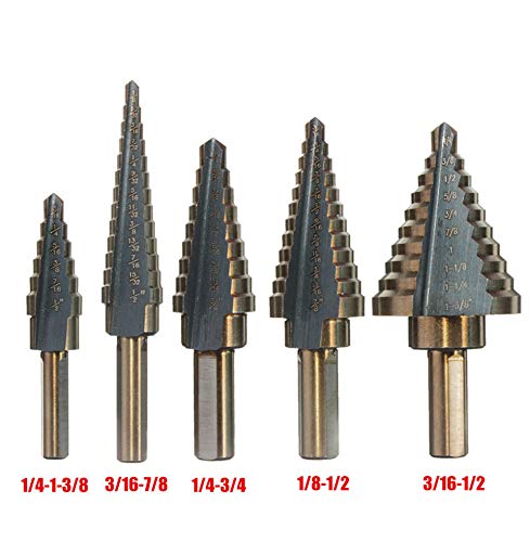 Zhushan 5pcs Step Drill Bit Set,High Speed Step Drill Bit, HSS Cobalt Multiple Hole 50 Sizes Titanium Step Drill Bit with Aluminum Case - Image 3