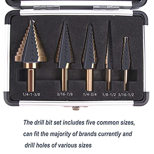 Zhushan 5pcs Step Drill Bit Set,High Speed Step Drill Bit, HSS Cobalt Multiple Hole 50 Sizes Titanium Step Drill Bit with Aluminum Case - Image 4