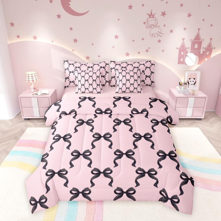 Man Fei Manfei Black Bowknot Bed Set in a Bag 7 Pcs Princess Style Bow-tie Pink Black Bedding Set Dreamy Fairy Tale Bow Crossed Patchwork Comforter with Fitted Flat Sheet Pillowcase Pillow Covers Twin  - Image 3