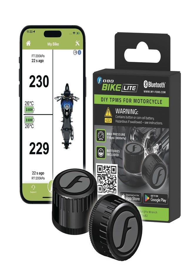 FOBO Bike LITE TPMS - Wireless Tire Pressure Monitoring System with Bluetooth 5.0 | Real-Time Tire Pressure Sensor | Simpler QR Installation on TPMS APP | Compatible with iOS & Android - Image 1