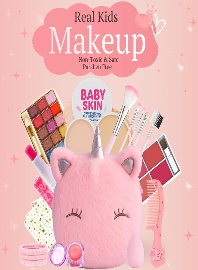 Linivya Real Makeup Kit for Girls & Teens -20-Piece Safe & Washable Cosmetic Set with Pink Fur Bag - Non-Toxic Beauty Gift for Ages 7-17, Includes Brushes, Lip Gloss, Blush & More - Image 2