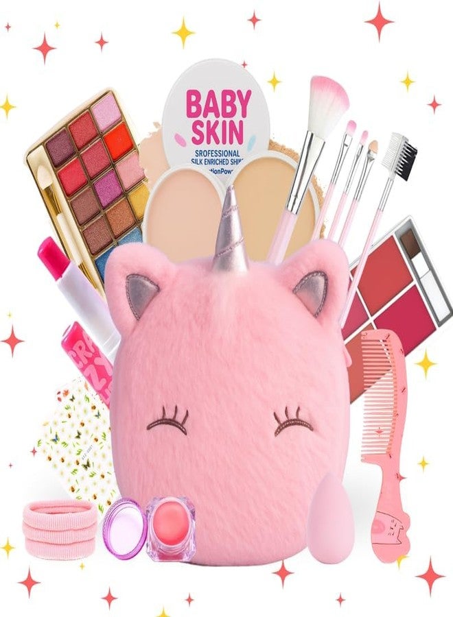 Linivya Real Makeup Kit for Girls & Teens -20-Piece Safe & Washable Cosmetic Set with Pink Fur Bag - Non-Toxic Beauty Gift for Ages 7-17, Includes Brushes, Lip Gloss, Blush & More - Image 1