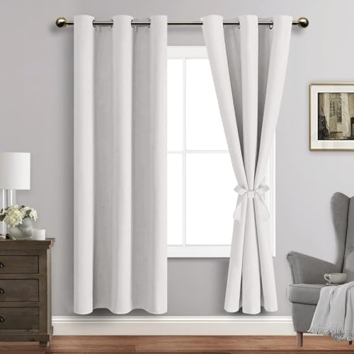 JIUZHEN Greyish White Blackout Curtains with Tiebacks Thermal Insulated Light Blocking and Noise Reducing Grommet Curtains for and Living Room Set of 2 Window Curtain Panels 42 x 72 Inch Length