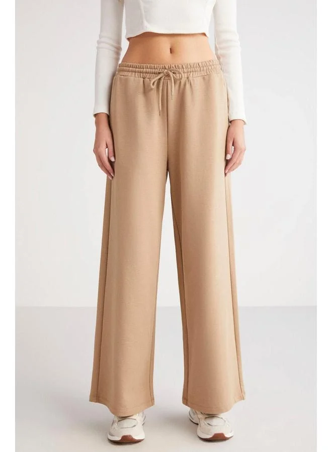 Ethiquet Lorelei Women's Oversize Fit Wide Cut Fleece-Free Elastic Waist Flare Beige Joggers.