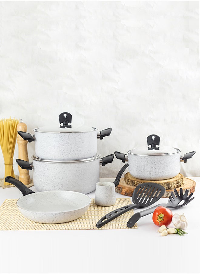 10-Piece Cookware Set Non-Stick Aluminum With Stainless Steel Lid & Heat Resistant Handle Size 20,24,24,26CM Ivory 