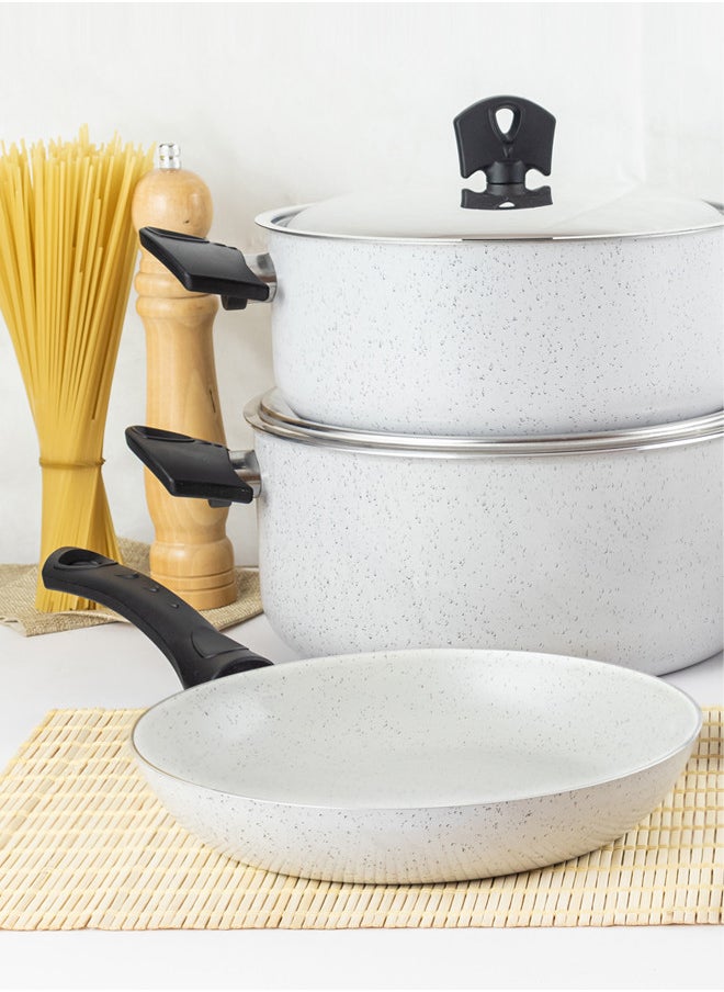 Trust 10-Piece Cookware Set Non-Stick Aluminum With Stainless Steel Lid & Heat Resistant Handle Size 20,24,24,26CM Ivory  - Image 2