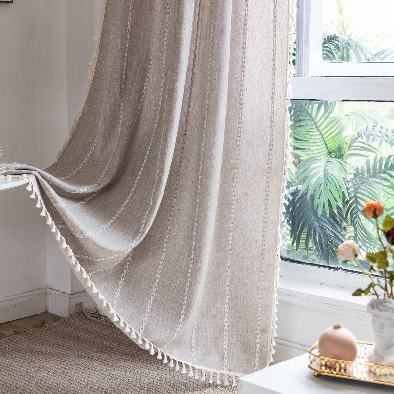 RoomTalks Country Farmhouse Cotton Polyester Curtains for Bedroom Living Room 63 Inch Length Light Filtering Boho Chic Cabin Rustic Window Curtain Panels with Tassels Striped Bohemian Draperies - Image 1
