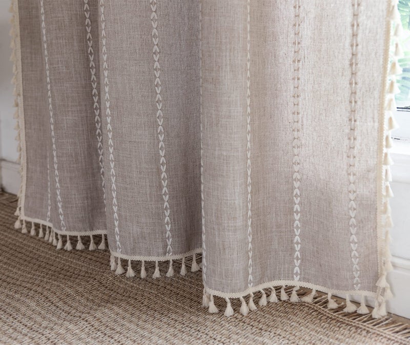 RoomTalks Country Farmhouse Cotton Polyester Curtains for Bedroom Living Room 63 Inch Length Light Filtering Boho Chic Cabin Rustic Window Curtain Panels with Tassels Striped Bohemian Draperies - Image 5