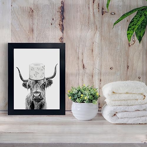 YongArt Toilet Paper On Head,Black Framed Funny Animal Prints, Vintage Black and White Rustic Style Cute Bathroom Cow Canvas Art Poster for Bathroom Restroom Decoration, Farmhouse Wall Decor - Image 2
