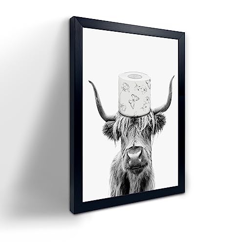 YongArt Toilet Paper On Head,Black Framed Funny Animal Prints, Vintage Black and White Rustic Style Cute Bathroom Cow Canvas Art Poster for Bathroom Restroom Decoration, Farmhouse Wall Decor - Image 1