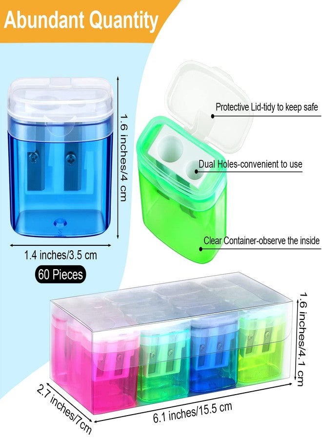 Aodaer 60 Pieces Pencil Sharpeners Manual Double Hole Pencil Sharpener with Lid Assorted 4 Colors Handheld Dual Hole Sharpeners for Office Home - Image 2