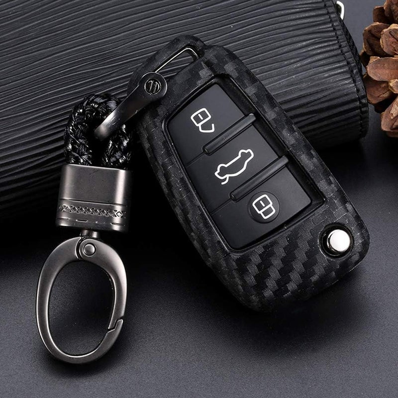 ROYALFOX Luxury 3 Buttons Soft Carbon Fiber Flip Remote Key Fob Case Cover for Audi Models with Keychain - Image 3