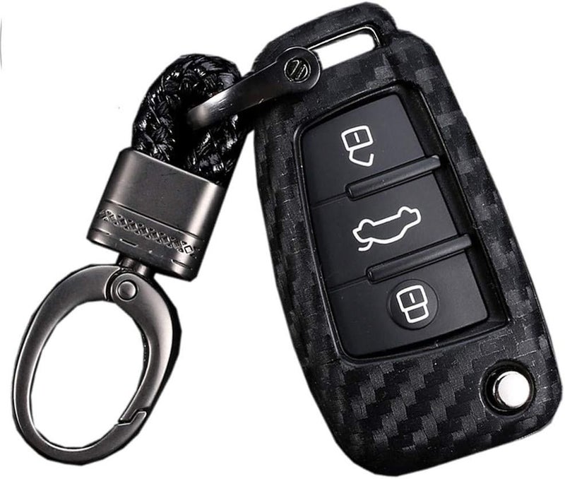 ROYALFOX Luxury 3 Buttons Soft Carbon Fiber Flip Remote Key Fob Case Cover for Audi Models with Keychain - Image 1