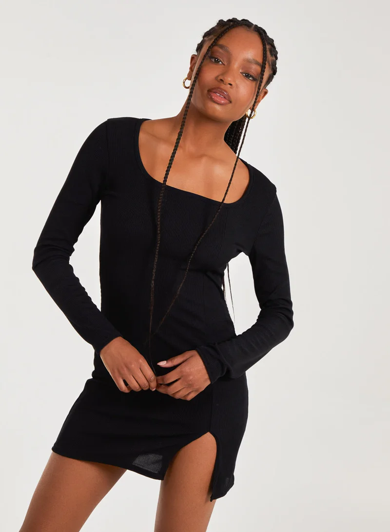 Pink Vanilla  Ribbed Split Hem Square Neck Long Sleeve Dress for Women | Best Price UAE