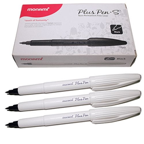 Monami Plus Felt Tip Fine Liner Pen - White Body - Black - Pack of 12 - Image 1