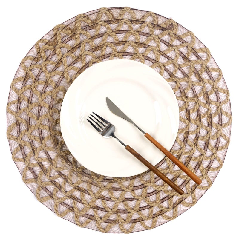 Noctiflorous Round Burlap Placemats Set of 6 Jute Rustic Place Mats for Dining Table Heat Resistant Natural Farmhouse Table Mats Decor (Jute Mesh, 6) - Image 1