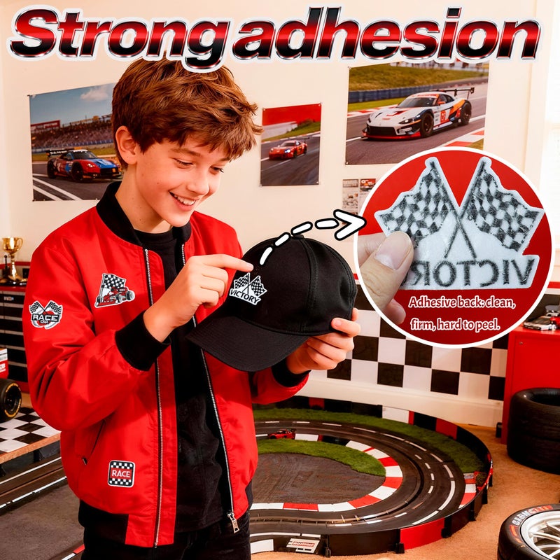 Meneng Iron On Patches for Racing Fans: 36Pcs Race Car Checkered Flag Embroidered Patch - Dynamic Racing Sew On Appliques for DIY Clothing Backpack Jacket Hat - Image 4