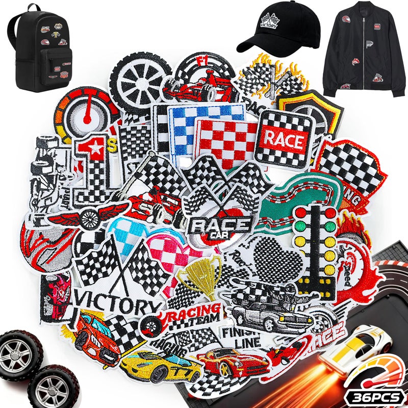 Meneng Iron On Patches for Racing Fans: 36Pcs Race Car Checkered Flag Embroidered Patch - Dynamic Racing Sew On Appliques for DIY Clothing Backpack Jacket Hat - Image 1