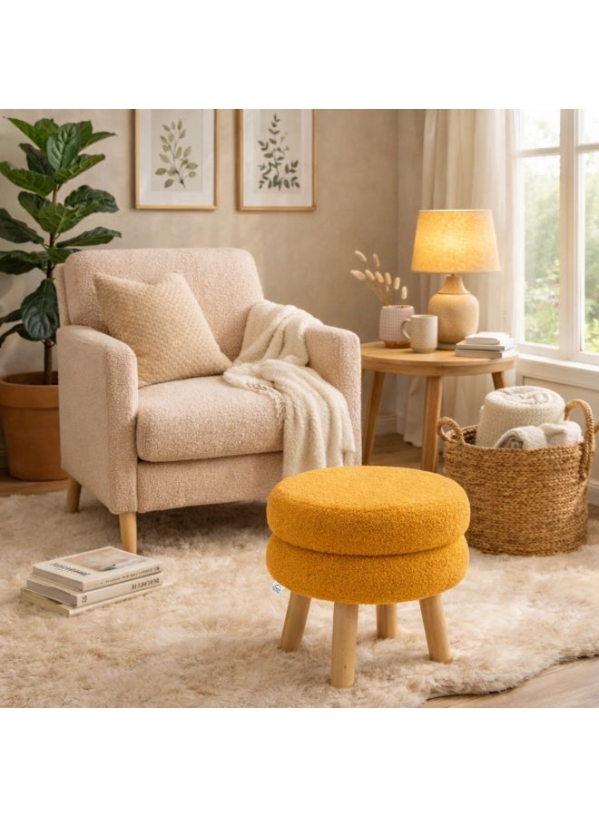 PixelsBeanBag Round Bouclé Fabric Ottoman Seat from PixelsBeanBag, with Wooden Legs, for the Living Room and Bedroom, Yellow - Image 1