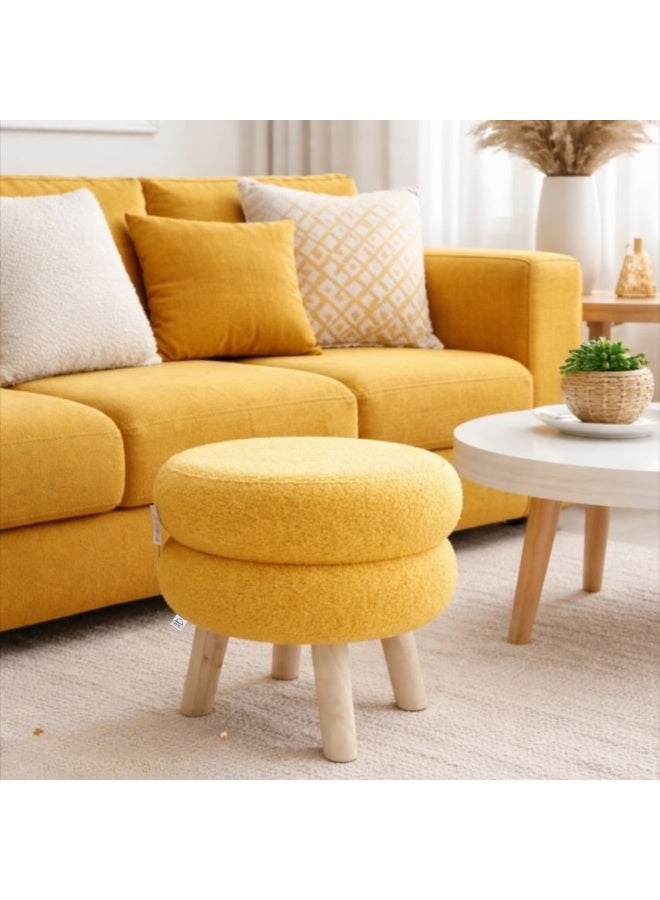 PixelsBeanBag Round Bouclé Fabric Ottoman Seat from PixelsBeanBag, with Wooden Legs, for the Living Room and Bedroom, Yellow - Image 2