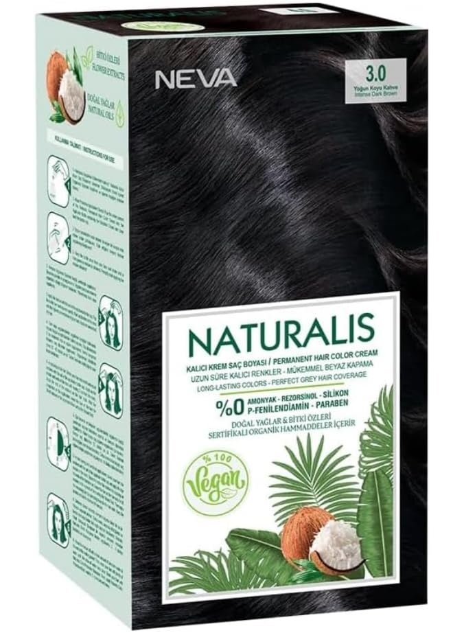 NEVA Naturalis Hair Dye Set Vegan,100% Gray Coverage Organic GMO-Free Intense Dark Brown 3.0 - Image 1