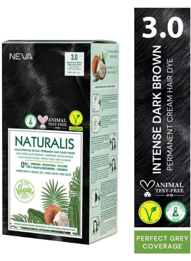 NEVA Naturalis Hair Dye Set Vegan,100% Gray Coverage Organic GMO-Free Intense Dark Brown 3.0 - Image 2