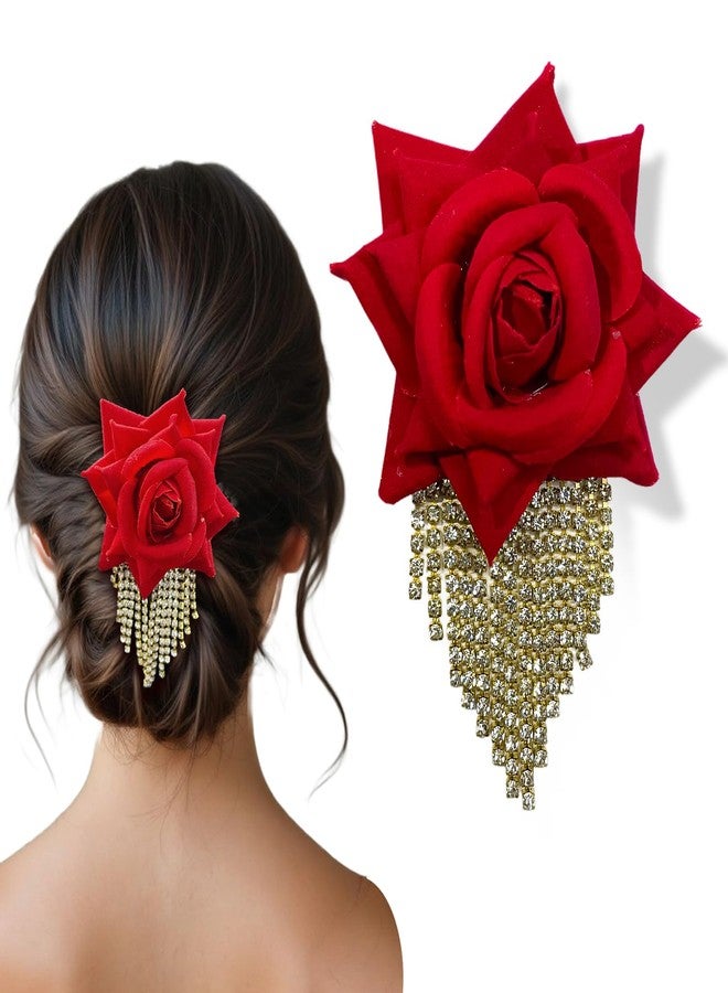 LYKAA Hair Clips for Bride Artificial Red Rose with Golden Rhainestone Tassels, Floral Hair Accessories for Women & Girls Indian Western Wedding Party Anti Hair Fall | Stylish Artificial Rose Hair Bun Pack Of 1 - Image 1