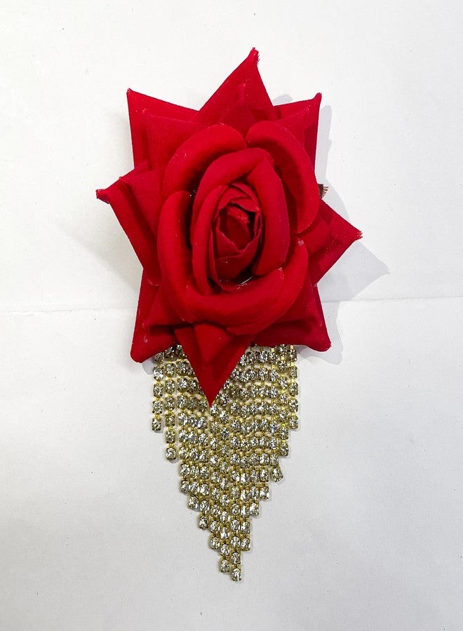 LYKAA Hair Clips for Bride Artificial Red Rose with Golden Rhainestone Tassels, Floral Hair Accessories for Women & Girls Indian Western Wedding Party Anti Hair Fall | Stylish Artificial Rose Hair Bun Pack Of 1 - Image 3