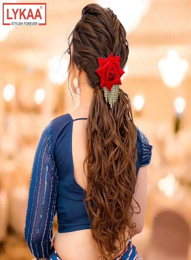 LYKAA Hair Clips for Bride Artificial Red Rose with Golden Rhainestone Tassels, Floral Hair Accessories for Women & Girls Indian Western Wedding Party Anti Hair Fall | Stylish Artificial Rose Hair Bun Pack Of 1 - Image 4