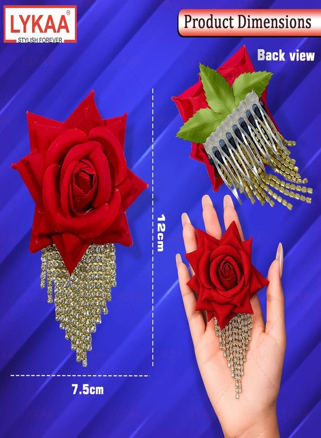 LYKAA Hair Clips for Bride Artificial Red Rose with Golden Rhainestone Tassels, Floral Hair Accessories for Women & Girls Indian Western Wedding Party Anti Hair Fall | Stylish Artificial Rose Hair Bun Pack Of 1 - Image 2