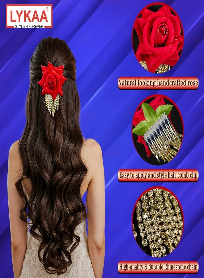 LYKAA Hair Clips for Bride Artificial Red Rose with Golden Rhainestone Tassels, Floral Hair Accessories for Women & Girls Indian Western Wedding Party Anti Hair Fall | Stylish Artificial Rose Hair Bun Pack Of 1 - Image 5