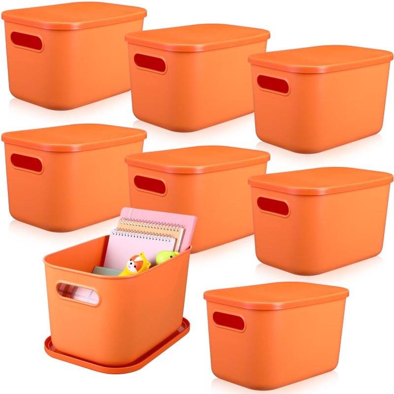 Hoolerry 8 Pieces Colorful Storage Bins with Lid, Plastic Storage Basket Organizing Container Stackable Box with Handle for Shelves Desktop Playroom Office(10.2 x 7 x 6.3 Inch,Orange) - Image 1