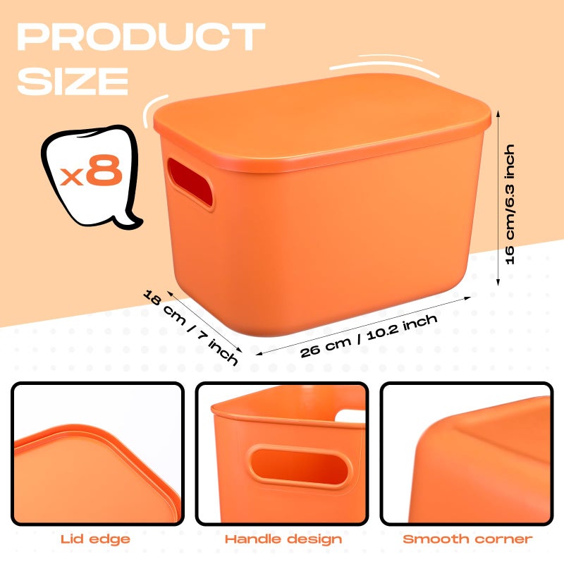 Hoolerry 8 Pieces Colorful Storage Bins with Lid, Plastic Storage Basket Organizing Container Stackable Box with Handle for Shelves Desktop Playroom Office(10.2 x 7 x 6.3 Inch,Orange) - Image 2