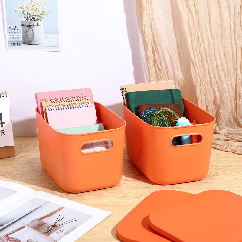 Hoolerry 8 Pieces Colorful Storage Bins with Lid, Plastic Storage Basket Organizing Container Stackable Box with Handle for Shelves Desktop Playroom Office(10.2 x 7 x 6.3 Inch,Orange) - Image 3
