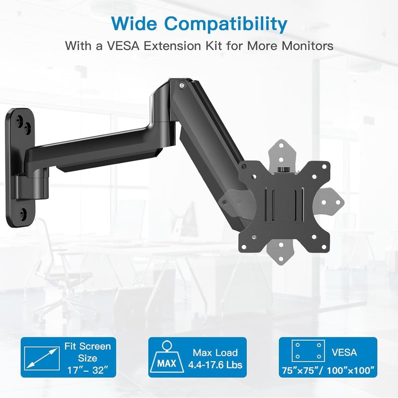 HUANUO 13-42 Inch Monitor/TV Wall Mount Bracket, VESA 75x75, 100x100, 200x100, 200x200 mm, Supports Up to 8kg, Adjustable Gas Spring Arm, Holds Monitors & TVs Off Desk, Space-Saving, Easy Installation - Image 2