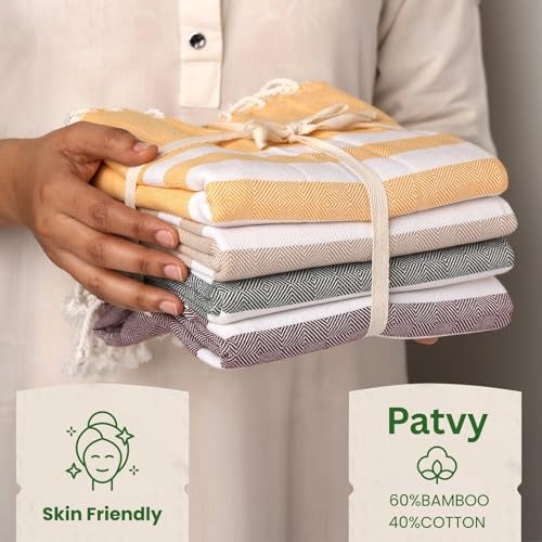 PATVY Bamboo Cotton Bath Towels | Ultra Soft Quick Dry Towels for Men & Women | Large Size 75x150 cm | Lightweight Towel Set (Pack of 3, Maroon - Yellow - Green) - Image 3