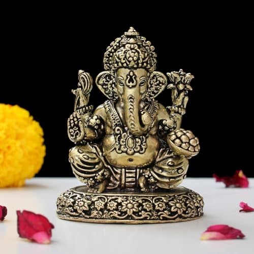 INDICAST Brass Ganesha Idol for Good Luck & Worship | 3" Ganpati Hindu God Statue Figurine Perfect for Decoration Puja & Gifting Purpose Sculpture (Weight_150gm) - Image 1