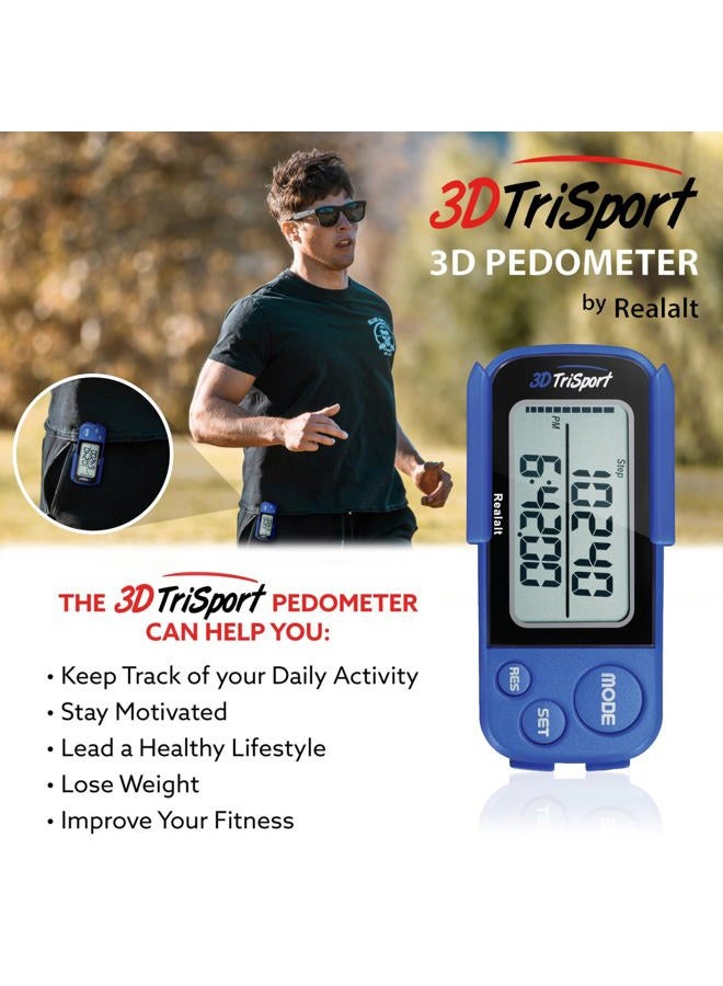 Realalt 3DTriSport Walking 3D Pedometer with Clip & Strap, eBook Included 30 Days Memory Accurate Step Counter, Walking Distance Miles/Km, Calorie Counter, Daily Exercise Time Monitor- Blue - Image 3