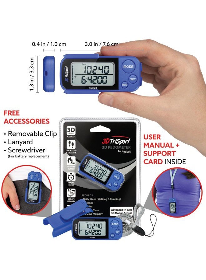 Realalt 3DTriSport Walking 3D Pedometer with Clip & Strap, eBook Included 30 Days Memory Accurate Step Counter, Walking Distance Miles/Km, Calorie Counter, Daily Exercise Time Monitor- Blue - Image 4