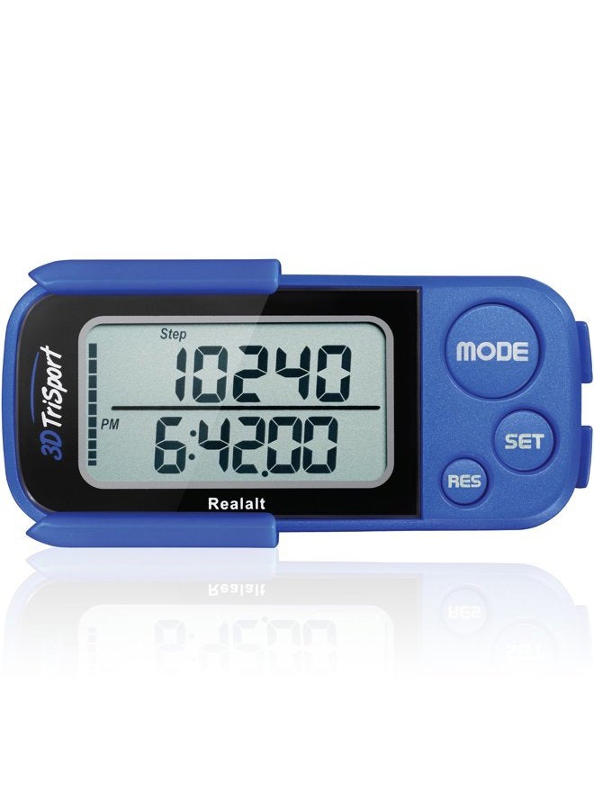 Realalt 3DTriSport Walking 3D Pedometer with Clip & Strap, eBook Included 30 Days Memory Accurate Step Counter, Walking Distance Miles/Km, Calorie Counter, Daily Exercise Time Monitor- Blue - Image 1