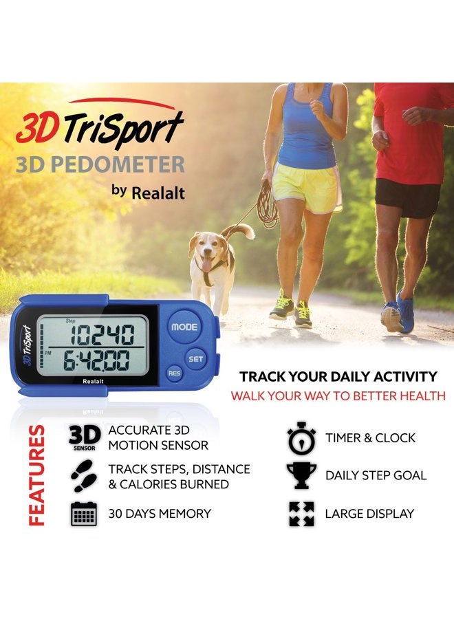 Realalt 3DTriSport Walking 3D Pedometer with Clip & Strap, eBook Included 30 Days Memory Accurate Step Counter, Walking Distance Miles/Km, Calorie Counter, Daily Exercise Time Monitor- Blue - Image 2