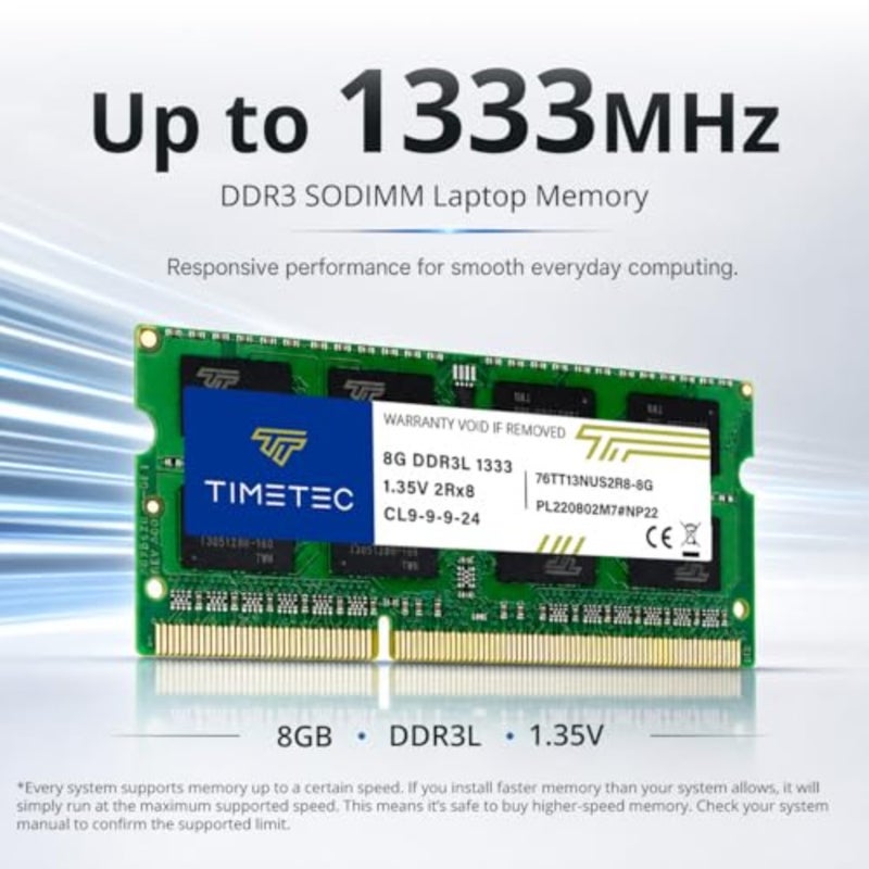 ترقية ذاكرة الكمبيوتر المحمول: DDR3 1333 ميجا هرتز، 16 جيجا بايت KIT 2x8 جيجا بايت، غير مخزنة بنظام ECC، 1.5 فولت، CL9، 204-pin SODIMM، رتبة مزدوجة، PC3-10600 - Image 2