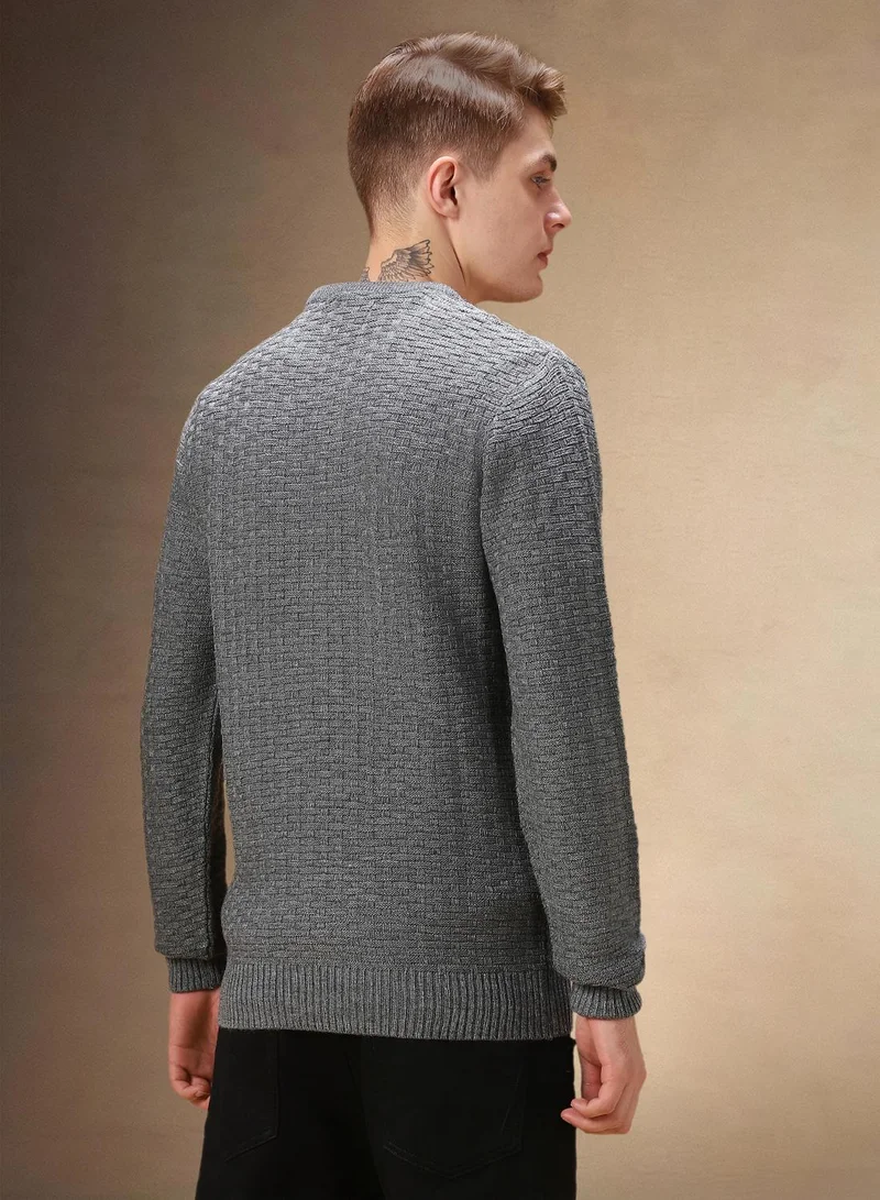 Dennis Lingo Men's Grey Melange 100% Acrylic Solid Regular Fit Sweater