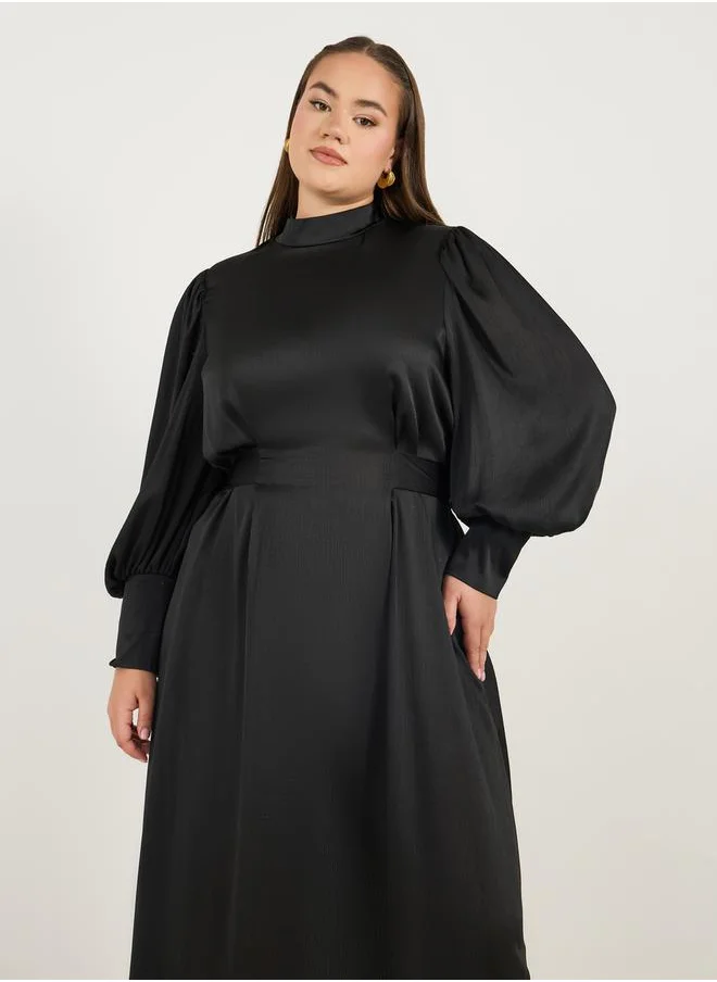 ستايلي Plus Size Satin Look Long Sleeves A-Line Maxi Dress with Pleated Detail