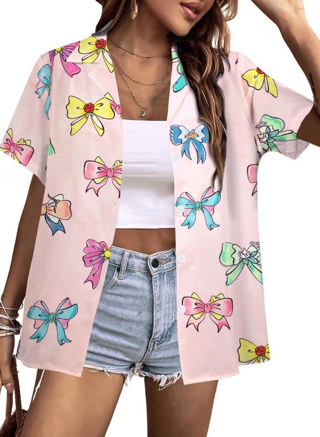 MAXIMGR Magic Kingdom Shirts for Women Bow Shirt Coquette Aesthetic Tshirt Hawaiian Vacation Blouses Cute Princess Button Up Top, Pink, XL - Image 1