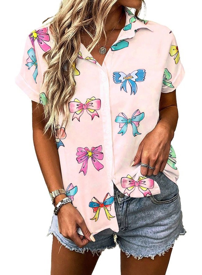 MAXIMGR Magic Kingdom Shirts for Women Bow Shirt Coquette Aesthetic Tshirt Hawaiian Vacation Blouses Cute Princess Button Up Top, Pink, XL - Image 2