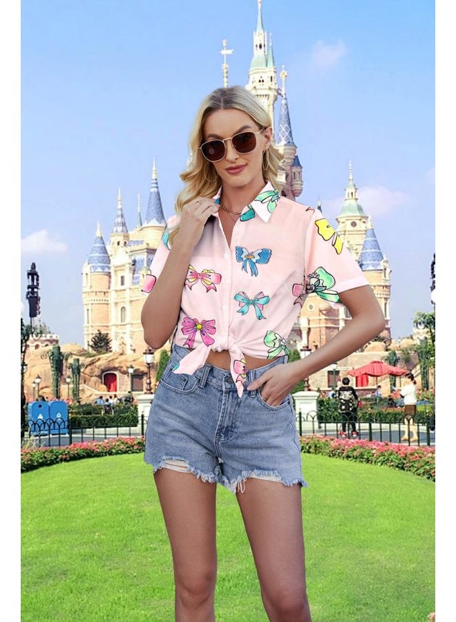 MAXIMGR Magic Kingdom Shirts for Women Bow Shirt Coquette Aesthetic Tshirt Hawaiian Vacation Blouses Cute Princess Button Up Top, Pink, XL - Image 5